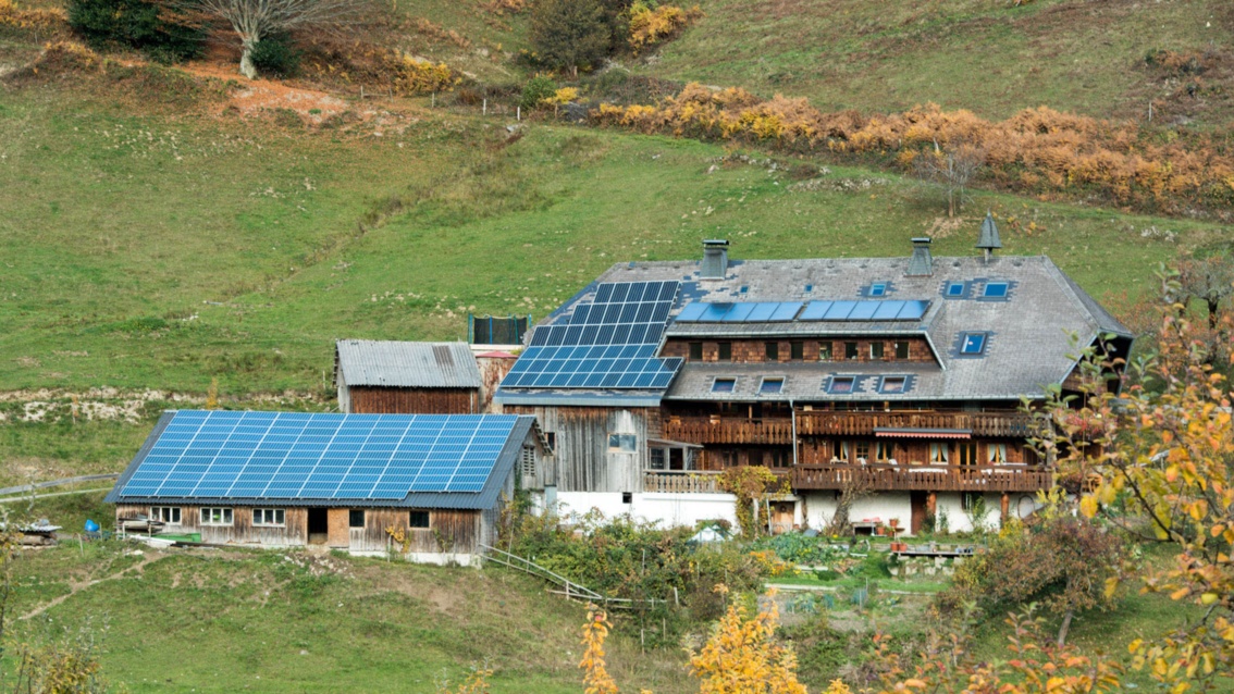 Ein traditioneller Schwarzwaldhof mit Scheune und Schuppenam Hang, auf den Dächern sind großflächig PV-Module montiert