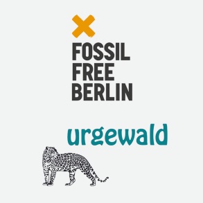 Logo von Fossil Free Berlin mit orangefarbenen X und grüner Urgewald-Schriftzug mit Raubtier