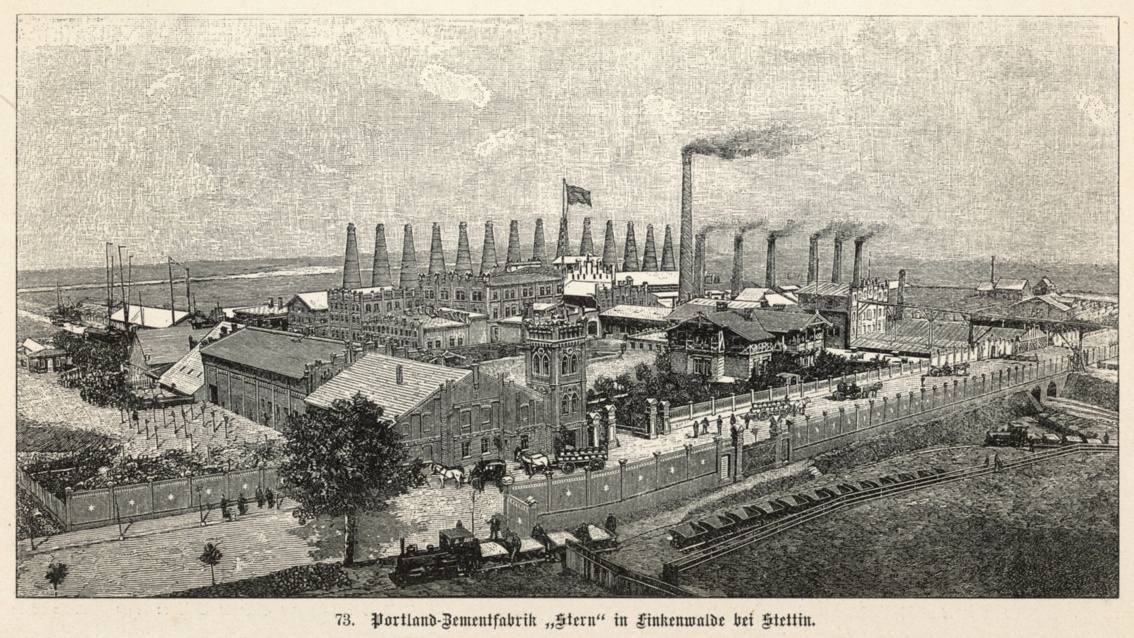 Ein historischer Stich zeigt eine Fabrik mit rauchenden Schloten; aus der Bildunterschrift geht hervor, dass es sich um die Portlandzementfabrik «Stern» in Finkenwalde handelt.