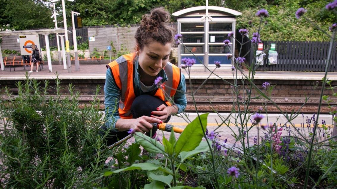 A young woman in an orange safety vest waters plants just above a platform on the London Underground.