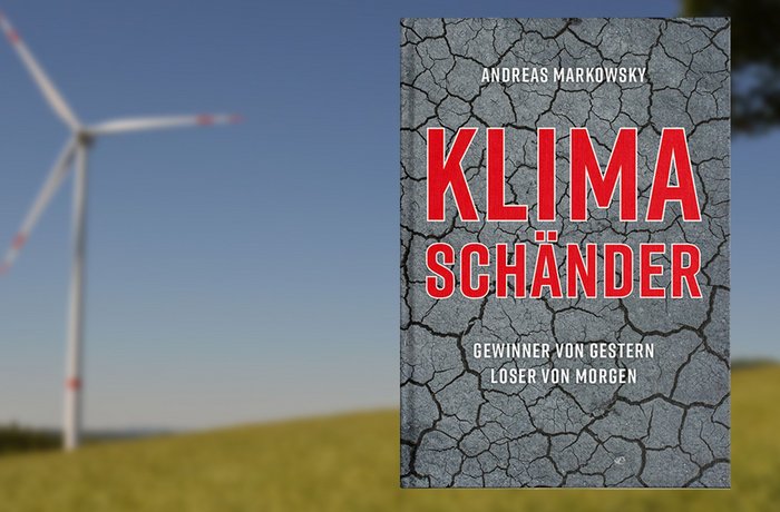 Buchcover von Klimaschänder, im Hintergrund Landschaftsaufnahme