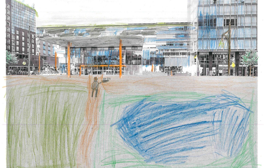 Kinderzeichnung des Freiburger Hauptbahnhofs und der Bismarckallee