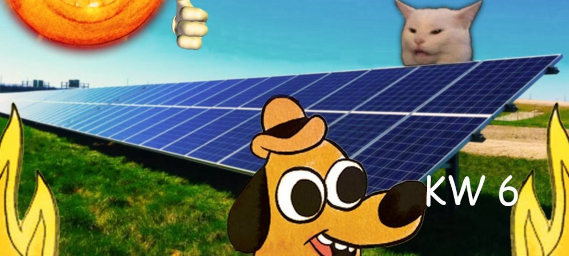 Verschiedene Meme-Charaktere vor einer Photovoltaik-Anlage.
