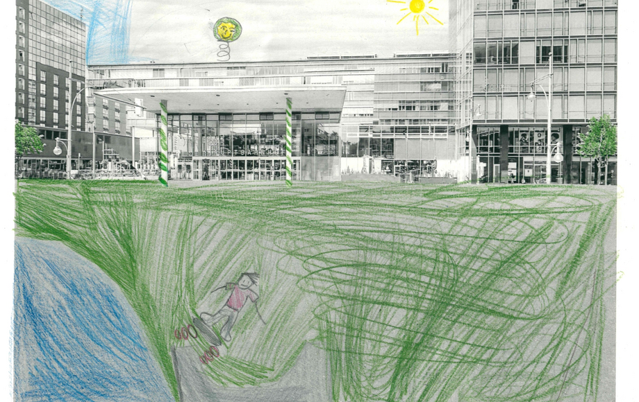 Kinderzeichnung des Freiburger Hauptbahnhofs und der Bismarckallee