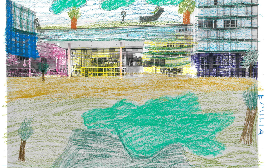 Kinderzeichnung des Freiburger Hauptbahnhofs und der Bismarckallee