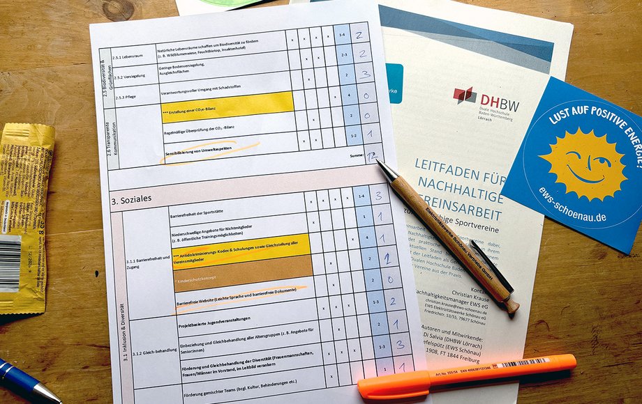 Auf einem Tisch liegt ein Zettel mit einer ausgefüllten Tabelle, dem Leitfaden daneben sowie Stifte und Kleinkram