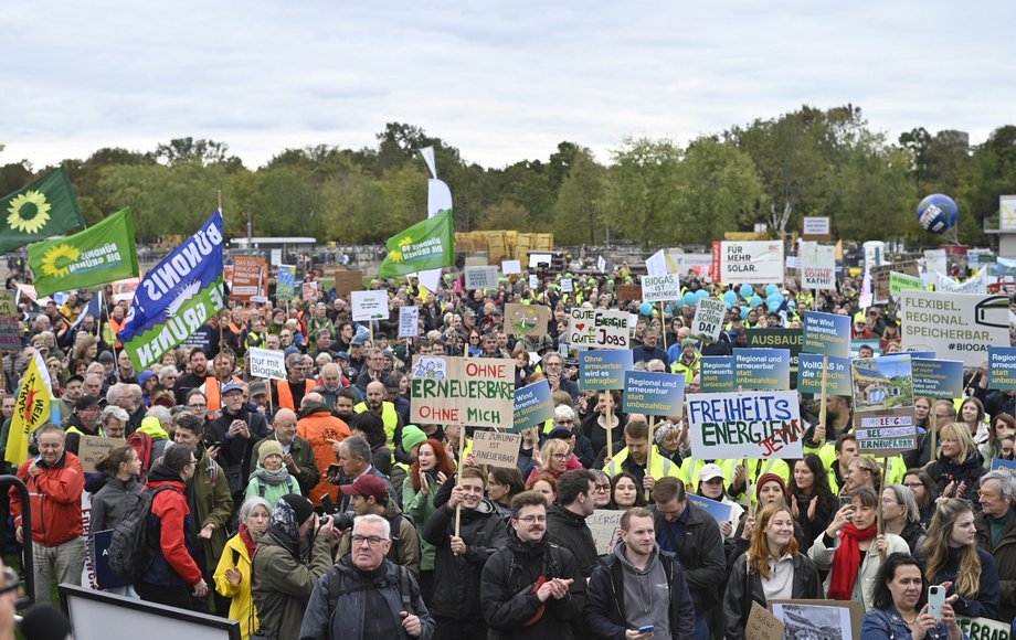 Blick auf die Demo-Menge mit vielen Schildern und Fahnen