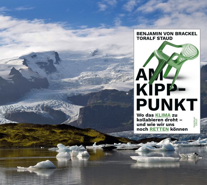 Bild einer schmelzender Gletscherlandschaft, davor das Buchcover von "Am Kipppunkt"