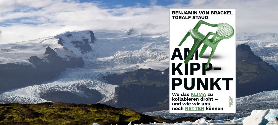 Bild einer schmelzender Gletscherlandschaft, davor das Buchcover von "Am Kipppunkt"