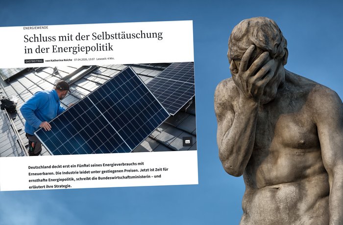 Henri Vidal's Statue des Kain, daneben ein Screenshot des FAZ-Artikels von Katherina Reiche