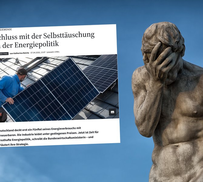 Henri Vidal's Statue des Kain, daneben ein Screenshot des FAZ-Artikels von Katherina Reiche