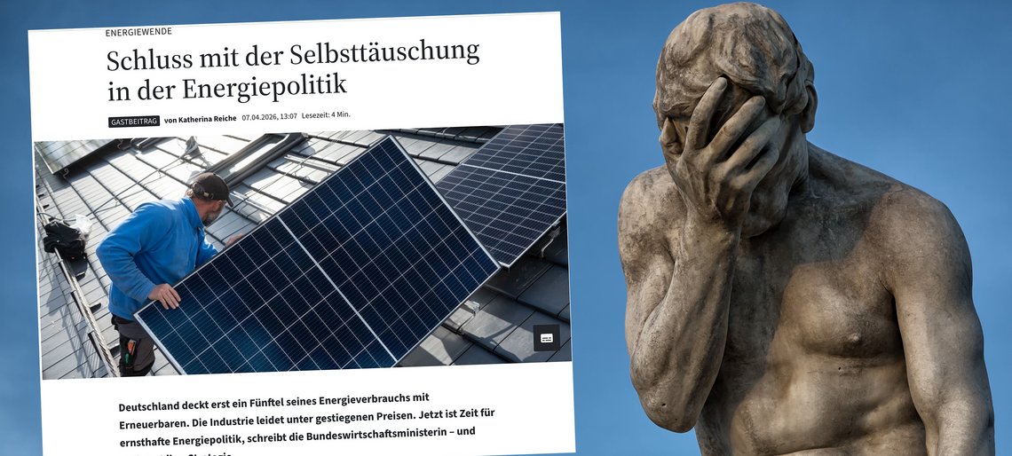 Henri Vidal's Statue des Kain, daneben ein Screenshot des FAZ-Artikels von Katherina Reiche