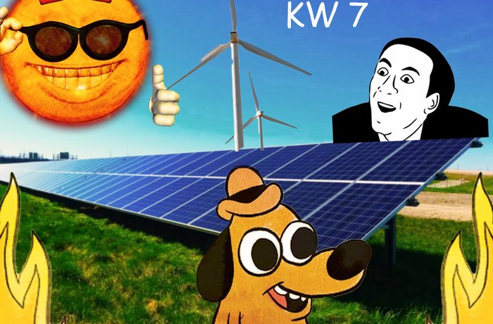 Verschiedene Meme-Charaktere vor einer Photovoltaik-Anlage.