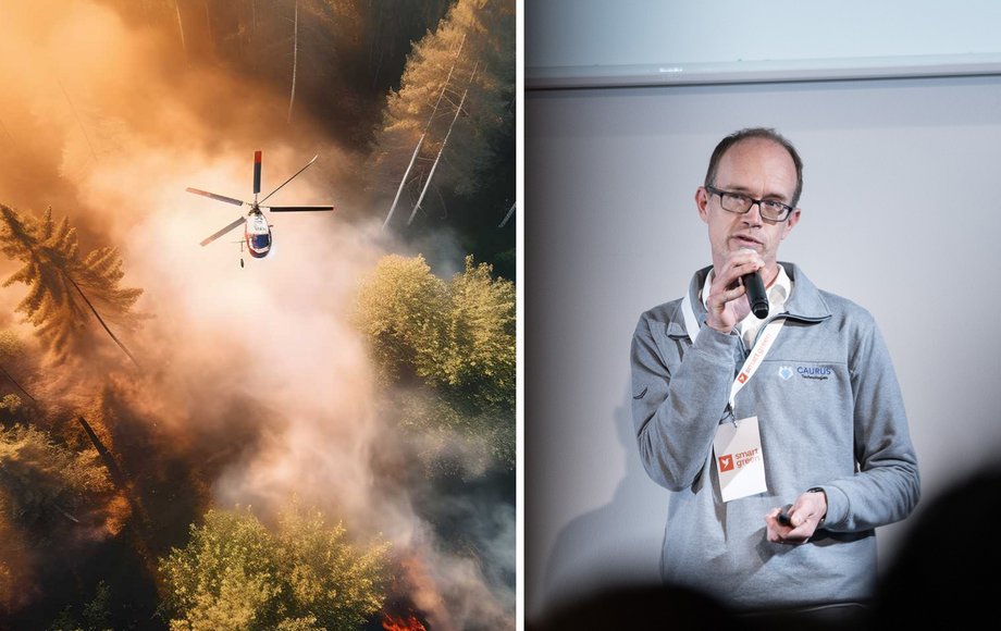 Zweigeteiltes Bild: Links ein Bild von einem Löschhubschrauber, der eine Ladung Wasser auf den Wald abwirft, rechts ein Mann mit Mikrofon
