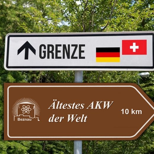 Gephotoshopptes Grenzschild und Wegweiser zum ältesten AKW der Welt