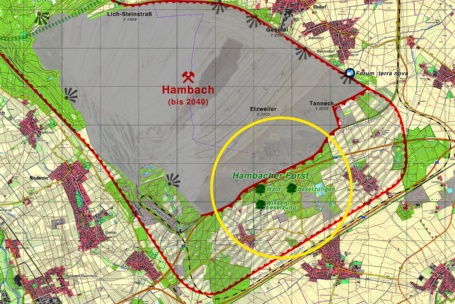 Karte des Tagebaus Hambach, ein gelber Kreis markiert den vom Abbau bedrohten Hambacher Forst.