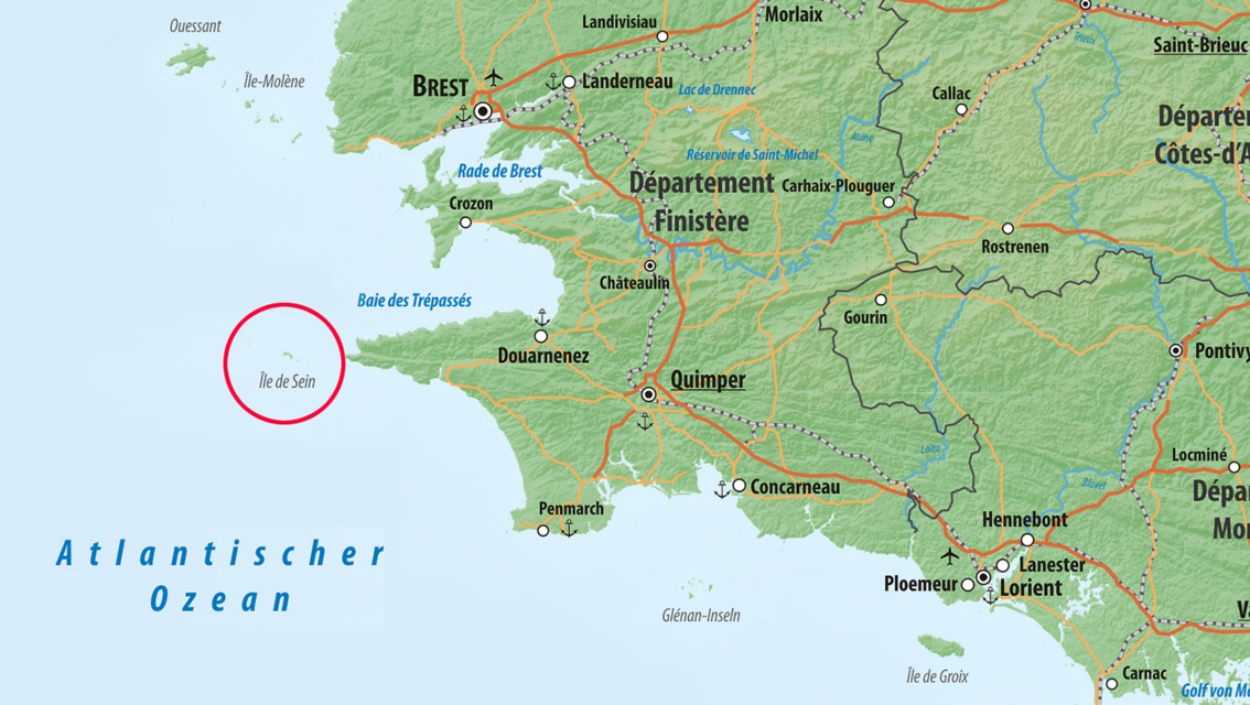 Landkarte der westlichen Bretagne. Die Île de Sein liegt südwestlich von Brest.