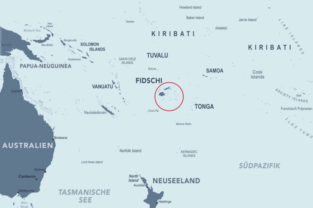 Eine Karte der Südsee, die Fidschi-Inseln sind mit einem roten Kreis markiert.