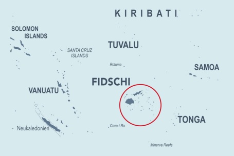 Eine Karte der Südsee, die Fidschi-Inseln sind mit einem roten Kreis markiert.