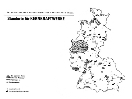 Karte zeigt geplante AKWs, über die Republik verteilt, mit größerer Häufung im westlichen Teil und einer extremen Ballung im Rhein-Main-Gebiet.