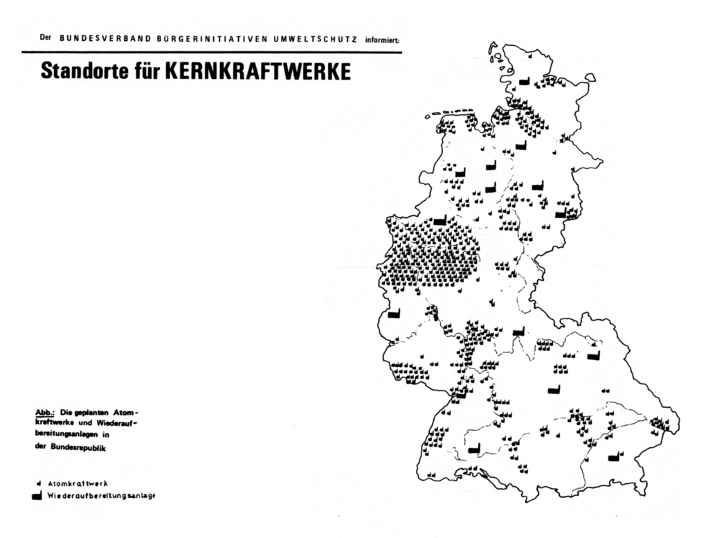Karte zeigt geplante AKWs, über die Republik verteilt, mit größerer Häufung im westlichen Teil und einer extremen Ballung im Rhein-Main-Gebiet.