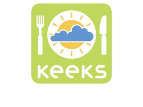 Logo von Keeks: Teller mit aufgemalter Sonne und Wolken, rechts davon ein Messer und links eine Gabel