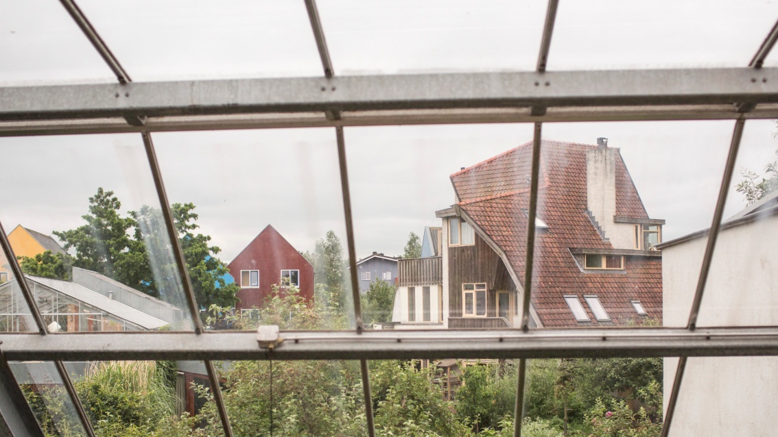 Von innen durch eine Glasfassade aufgenommener Ausblick auf eine Handvoll Häuser unterschiedlichster Bauart