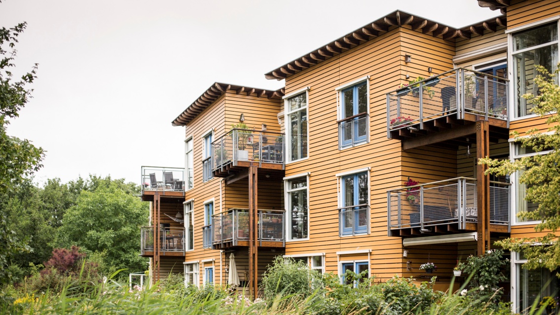 Vier dreistöckig angelegte Wohnblöcke mit Holzverschalung und leicht auskragenden Balkons inmitten üppiger Vegetation.