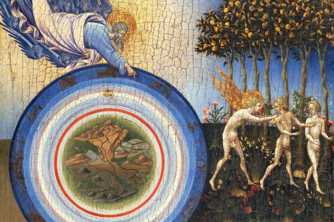 Gemälde mit brüchiger Oberfläche zeigt Gott aus dem Himmel herab mit einer runden Scheibe drei Engel aus einem Wald vertreibend