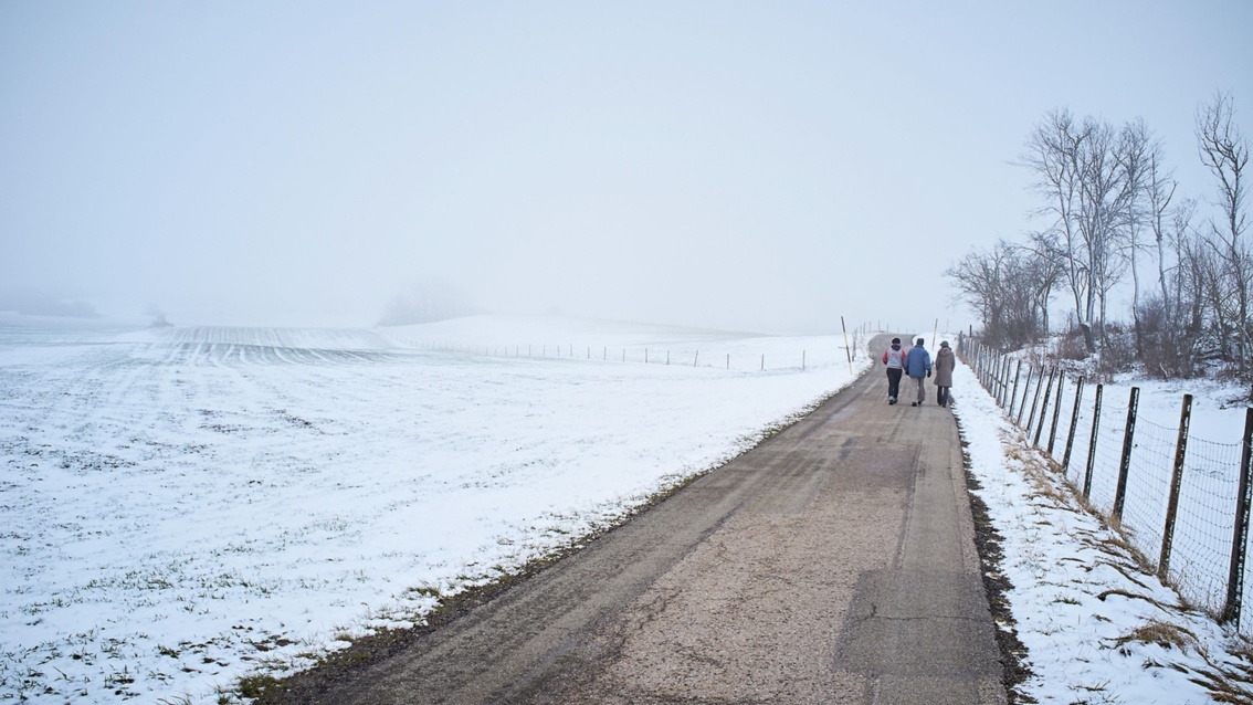 Ein geteerter Weg, auf dem drei Menschen spazierengehen, führt durch eine schneebestäubte, leicht hügelige Landschaft.