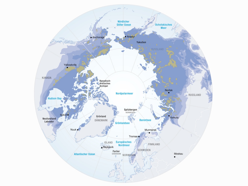 Die nördliche Hemisphäre ist zu großen Teilen mit Permafrostflächen bedeckt.