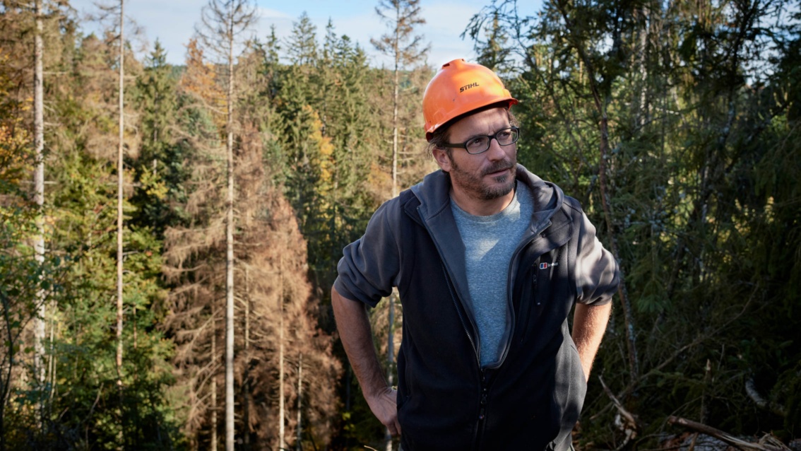 Ein etwa vierzigjähriger Mann mit orangenem Helm steht vor einem Wald und stemmt die Hände in die Hüften.