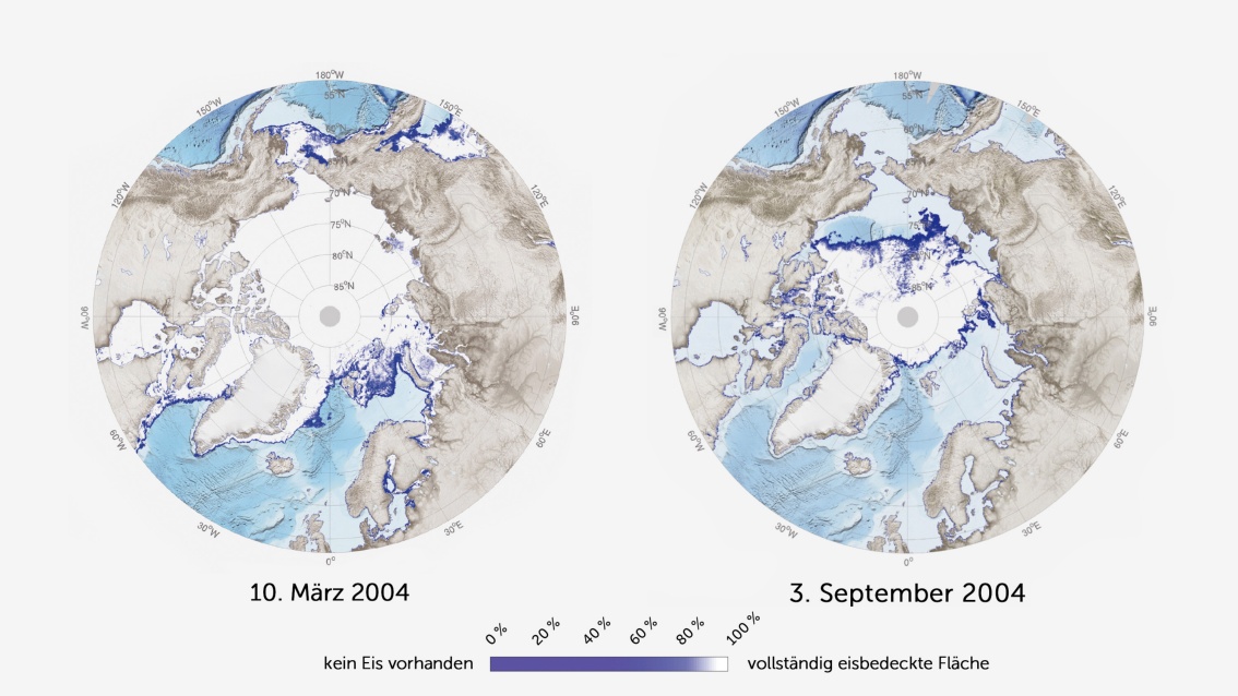 Zwie Karten als Draufsichten auf die Nordhalbkugel der Erde zeigen die schwindende Bedeckung der Arktis mit Eisflächen.