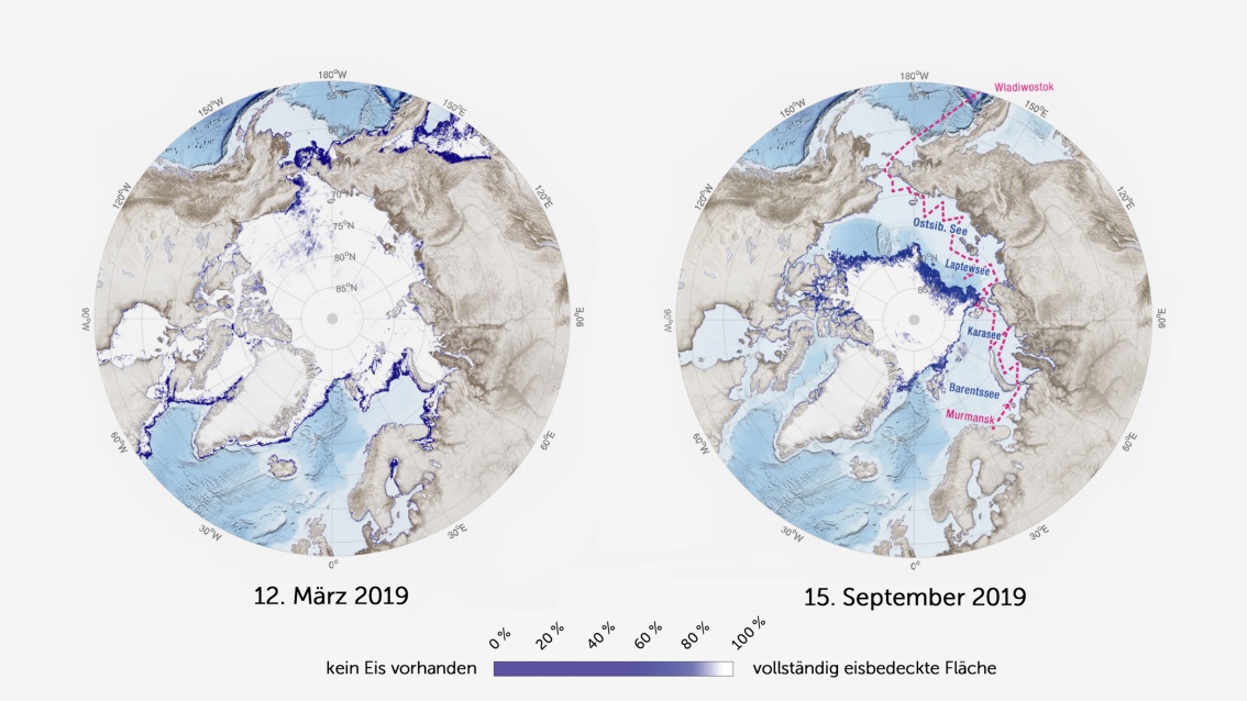 Im Vergleich zum vorherigen Bild, sind beide Eisflächen stark minimiert. Man sieht gut, wie es nun neuerdings möglich ist, im Winter durch das ostsibirische Meer zu fahren.
