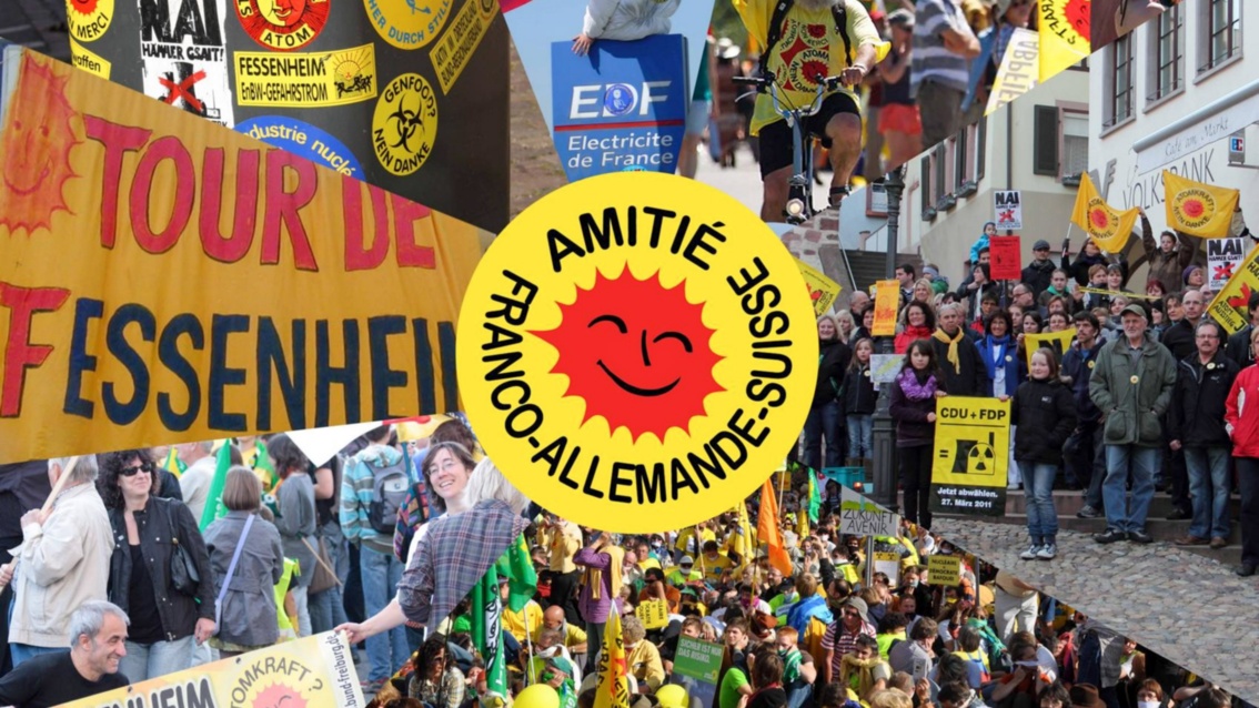 Collage verschiedener Demos, in der Mitte die Anti-Atomsonne beschriftet mit den Worten: Deutsch-französisch-schweizerische Freundschaft.