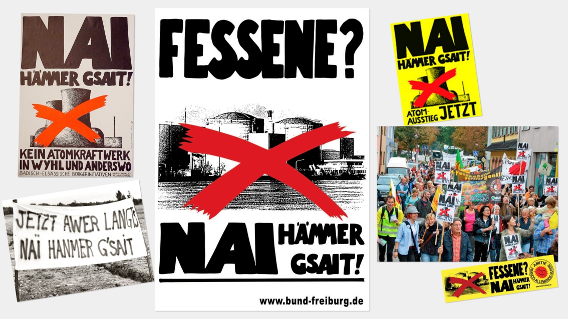 Collage mit Transparenten, Plakaten und Stickern: alle mit dem Aufdruck Nai hämmer g'sait.