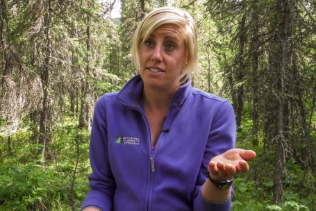 Eine junge blonde Frau steht gestikulierend in einem Wald und spricht in die Kamera.