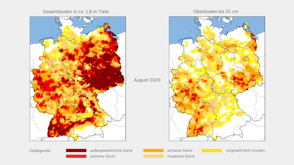 Grafik zeigt eine Deutschlandkarte mit vielen dunklen Bereichen, die Dürre in den Böden kennzeichnen.