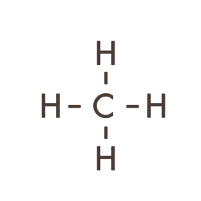 die Formel von Methan: das C für Kohlenstoff in der Mitte, vier Striche in alle Richtungen, an der je ein H, für ein Wasserstoffatom, sich anfügt.