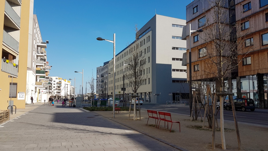 Straßengestaltung in einem Neubaugebiet in Wien