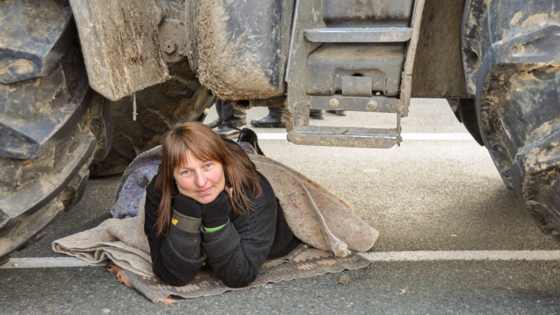 Eine Frau liegt auf einer Decke, Kopf in die Fäuste gelegt, unter einem Traktor und schaut keck in die Kamera.