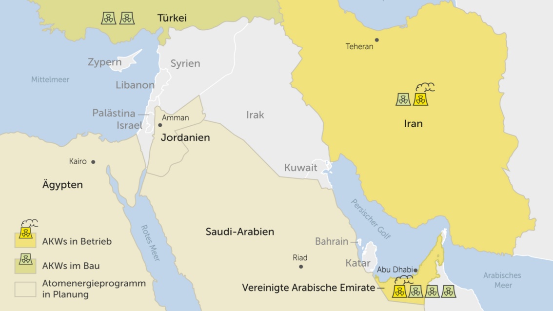 Die Karte zeigt die Länder der Golfregion, gekennzeichnet sind der Iran, Ägypten, Saudi Arabien, Vereinigte Arabische Emirate und Türkei.