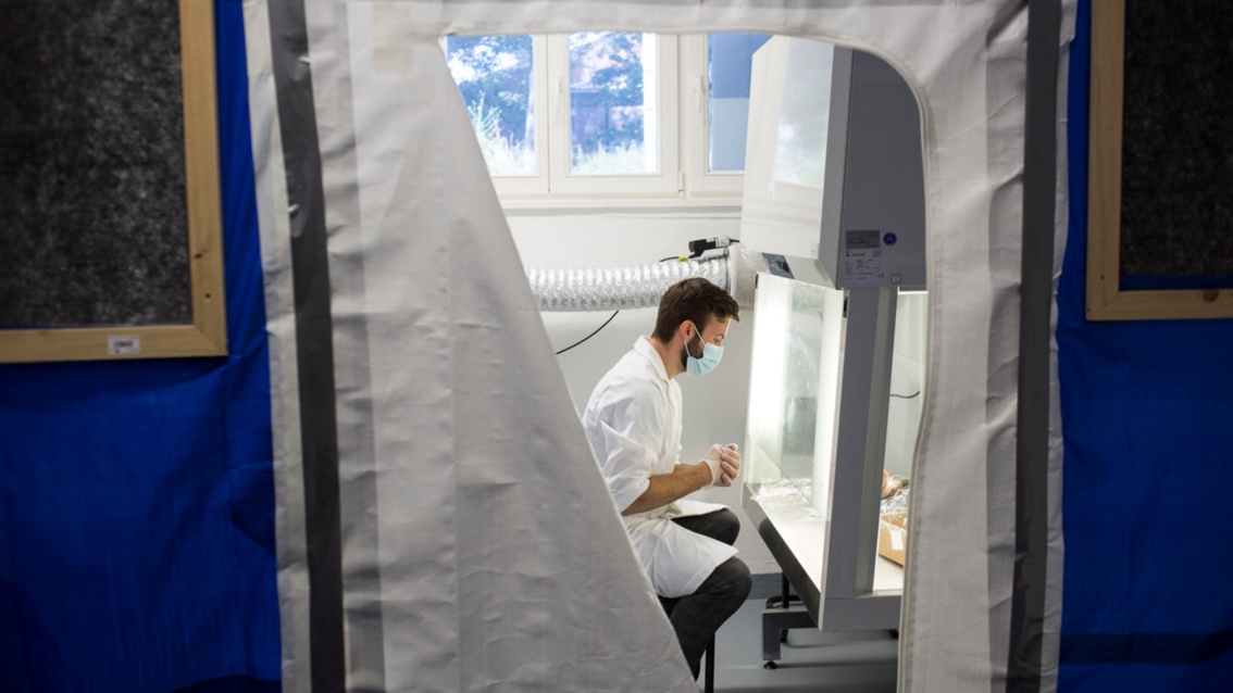 Durch einen geöffneten Plastikvorhang sieht man einen jungen Mann in weißen Kittel vor einem Laborschrank mit transparenten Wänden.
