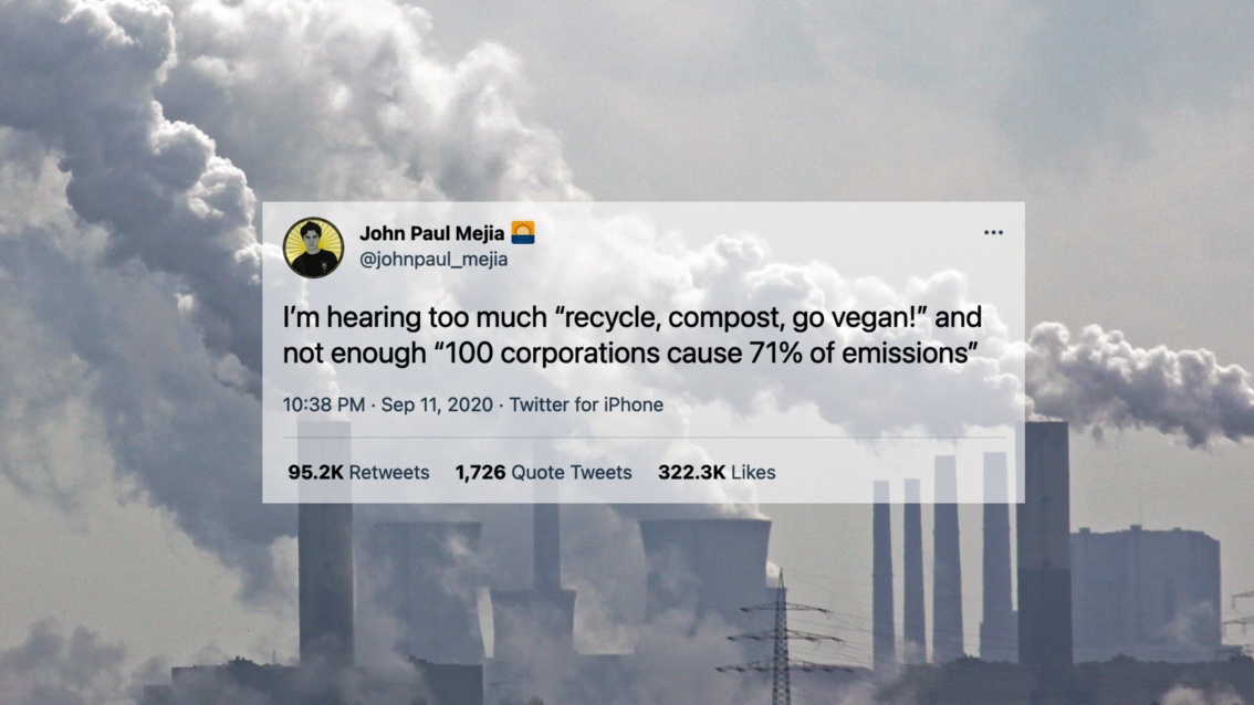 Eine Collage zeigt vor dem Hintergrund rauchender Kraftwerksschornsteine einen Tweet des Twitter-Nutzers johnpaul_mejia.