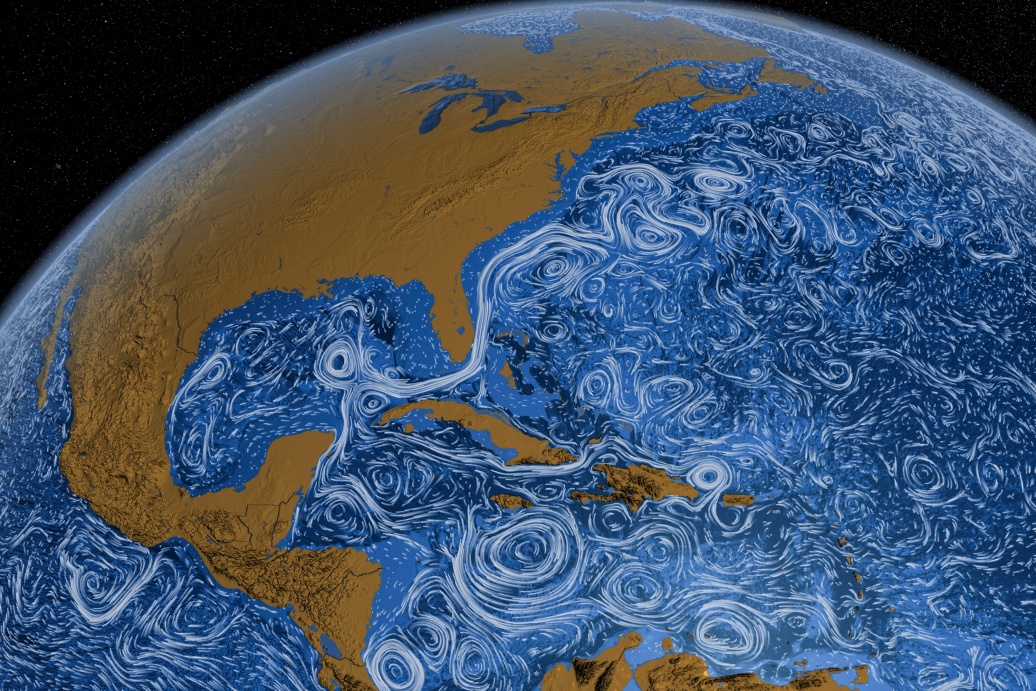 Die Erdkugel mit der nordamerikanschen Landmasse und dem Meer, in dem zahlreiche weiße Verwirbelungen dargestellt sind.