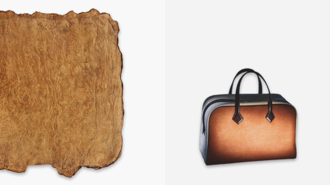Links ein stark nach echtem Leder aussehendes Material, rechts eine Handtasche, deren Oberfläche ähnlich lederartig aussieht.