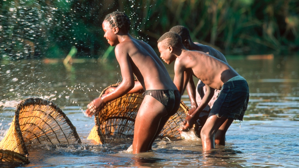 Jungen stehen in einem Fluss und versuchen mit geflochtenen Körben Fische zu fangen.