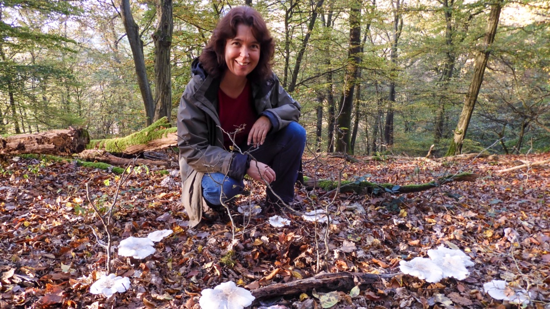 Eine freundlich blickende Frau in der Hocke auf dem belaubten Waldboden vor einer Kolonie weißer Pilze
