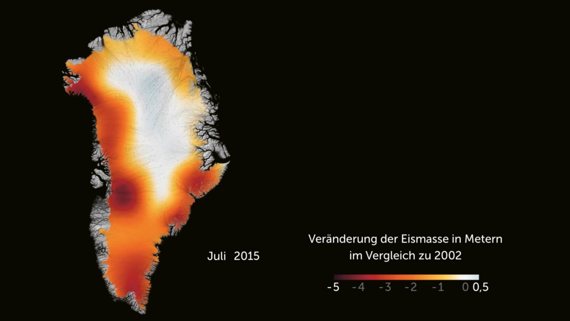 Grönland im Juli 2010. Die vorherigen Orangetöne sind jetzt rot, die hellroten Flecken Dunkelrot.