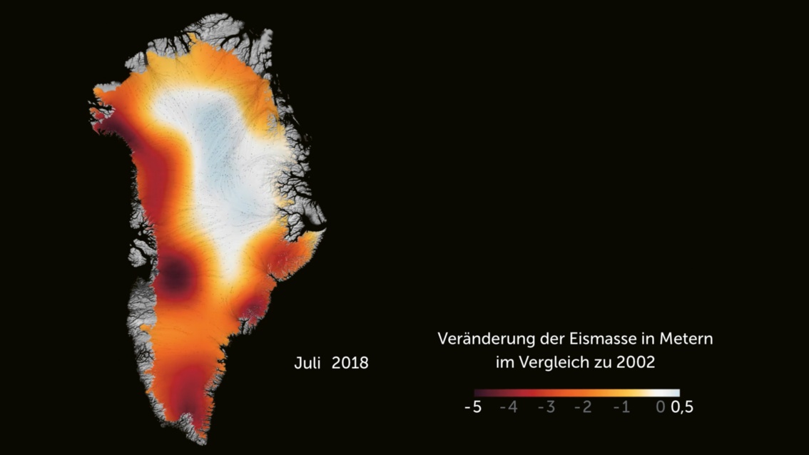 Grönland im Juli 2018. Die roten Flecken sind tiefrot, die hellroten Flecken Dunkelrot. Nur noch im Nordosten orange und in der Mitte weiß.